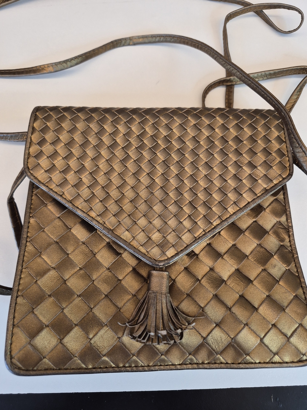 Bottega Vaneta Vintage Woven Leather Metallic Crossbody Bag with Tassel Snap